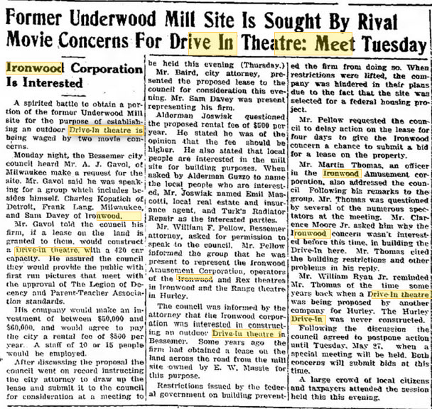 Ironwood Drive-In Theatre - 22 May 1952 Article